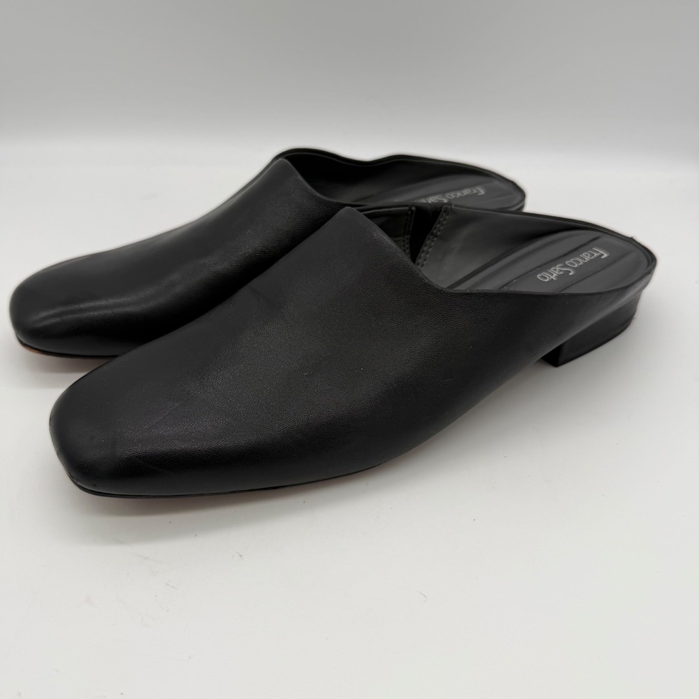 Franco Sarto Daley Black Leather Square Toe Low Block Heel Mules Shoes 8M
